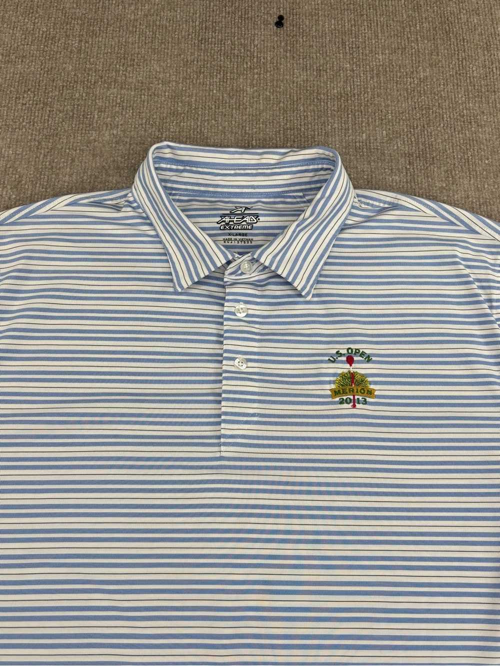 AHEAD Extreme XL Short Sleeve Polo Golf Shirt US Open Merion 2013 Blue Striped